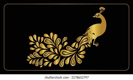 Golden elegante Pfau Vektorgrafik Zeichnung, Gold Farbe kreativ und Schönheit Pfau Vektorgrafik, einzeln auf schwarzem Hintergrund.