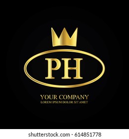 golden elegant ph initial letter with crown typography design logotype for brand and company identity. gradient gold color