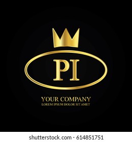 golden elegant pi initial letter with crown typography design logotype for brand and company identity. gradient gold color