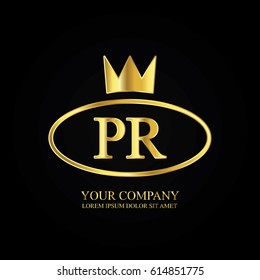 golden elegant pr initial letter with crown typography design logotype for brand and company identity. gradient gold color