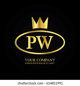 golden elegant pw initial letter with crown typography design logotype for brand and company identity. gradient gold color