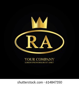 golden elegant ra initial letter with crown typography design logotype for brand and company identity. gradient gold color