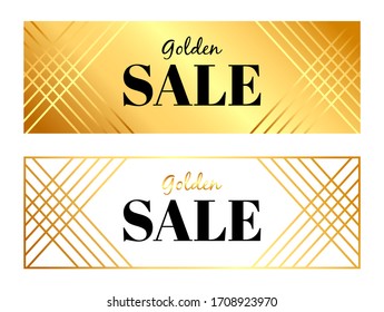 Golden elegant rectangular banners with black lettering inscription "Golden SALE". Line pattern. Two options. Vector graphics, illustration