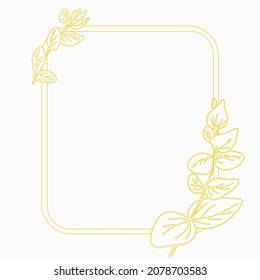 Golden elegant rectangular frame with eucalyptus for greeting cards, invitations and covers. Vector isolated illustration.