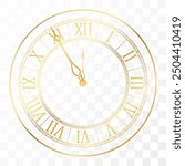 Golden elegant roman numerals clock. Antique time design. Luxury glossy golden clock face dial of round shape vector illustration isolated on white background