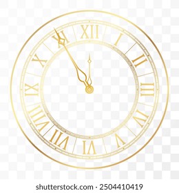 Goldene elegante römische Ziffern Uhr. Antikes Zeitdesign. Luxus glänzend goldene Uhr Zifferblatt von runder Form, Vektorgrafik einzeln auf weißem Hintergrund