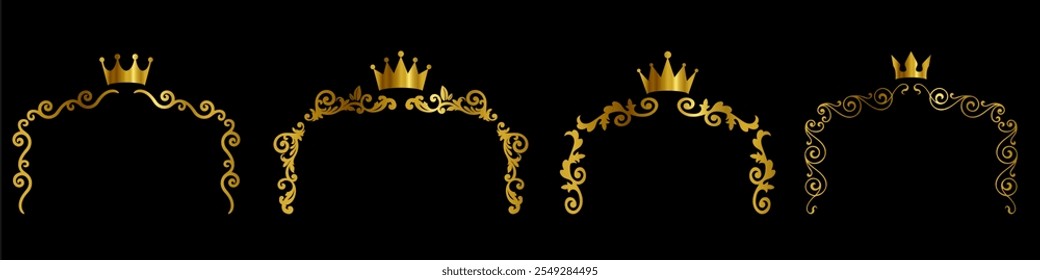 golden Elegant royal swirls with crown, Victorian Scrolls decorative elements, vintage calligraphic lines text dividers, premium luxury crown elements