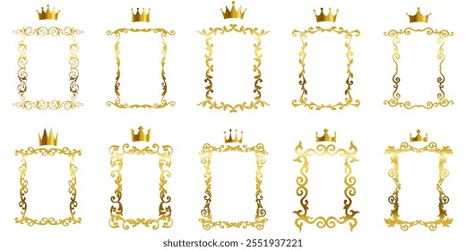 golden Elegant royal swirls with crown, Victorian Scrolls decorative elements, vintage calligraphic lines text dividers, premium luxury crown elements