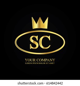 golden elegant sc initial letter with crown typography design logotype for brand and company identity. gradient gold color