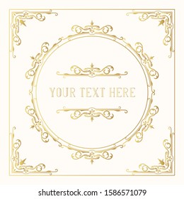 Golden elegant squared frame with ornate gold borders and corners.  Vector isolated Victorian pattern. Classic wedding invitation design template.