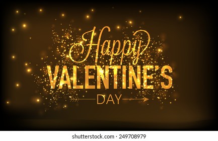 Golden elegant text Happy Valentines Day on shiny brown background.