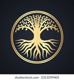 golden elegant tree with roots in circle stylized sign