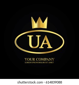 golden elegant ua initial letter with crown typography design logotype for brand and company identity. gradient gold color