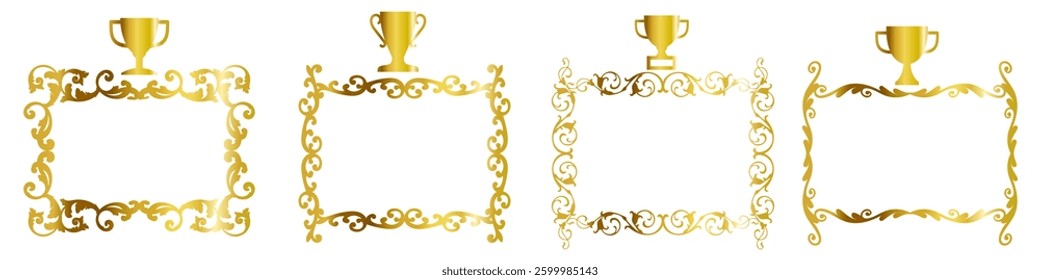 Golden Elegant Victorian swirls with trophy vector for awards, achievements, and decorative elements. Perfect for classic design, certificate templates, and vintage-style projects.