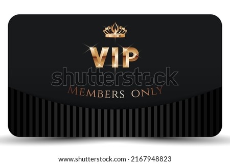 Golden elegant vip card template. Modern business card for members only. Royal design with 3d text, golden crown. Luxury abstract invitation on black background. Vector illustration