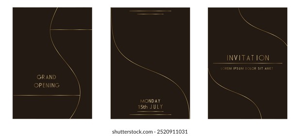 Goldenes, elegantes, wellenförmiges, goldenes Linienmuster auf schwarzem Hintergrund. Luxus Gala Einladungskarte Hintergrund Vektor. Premium-Design-Illustration für Hochzeit und VIP-Cover-Vorlage, große Öffnung.