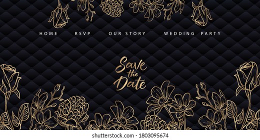 Golden elegant wedding landing page template with blue upholstery background.