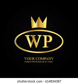 golden elegant wp initial letter with crown typography design logotype for brand and company identity. gradient gold color