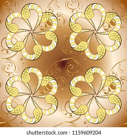 Golden element on beige, brown and yellow colors. Antique golden repeatable wallpaper. Damask seamless pattern repeating background. Golden floral ornament in baroque style.