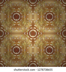 Golden element on beige and brown colors. Line art seamless border for design template. Golden outline floral decor. Vector illustration for invitations, cards, web page. Eastern style element.