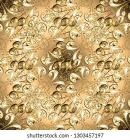 Golden element on beige and brown colors. Luxury, royal and Victorian concept. Vintage baroque floral seamless pattern in gold over beige and brown. Ornate vector decoration.