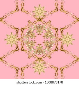 Golden element on beige and neutral colors. Damask seamless repeating background. Gold Wallpaper on texture background. Gold floral ornament in baroque style.