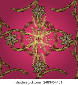 Golden element on beige, pink and brown colors. Antique golden repeatable wallpaper. Damask seamless repeating pattern. Gold floral ornament in baroque style.