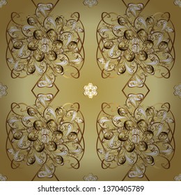 Golden element on beige and yellow colors. Luxury, royal and Victorian concept. Vintage baroque floral seamless pattern in gold over beige and yellow. Ornate vector decoration.