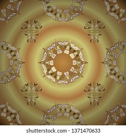 Golden element on beige and yellow colors. Eastern style element. Line art seamless border for design template. Golden outline floral decor. Vector illustration for invitations, cards, web page.