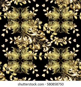 Golden element on a black background. Golden floral seamless pattern. Gold floral ornament in baroque style. Damask background.