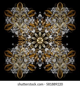 Golden element on black background. Damask background. Golden floral wallpaper. Gold black floral ornament in baroque style.