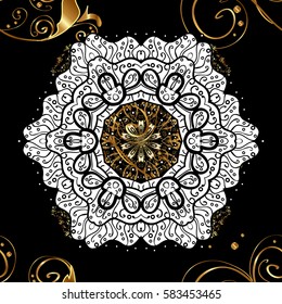 Golden element on black background. Golden floral wallpaper. Seamless pattern. Gold black floral ornament in baroque style. Damask background.