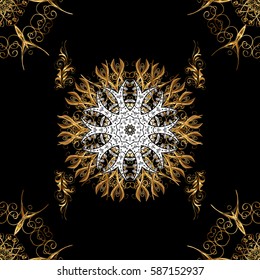 Golden element on black background. Damask seamless pattern repeating background. Antique golden repeatable wallpaper. Gold black floral ornament in baroque style.