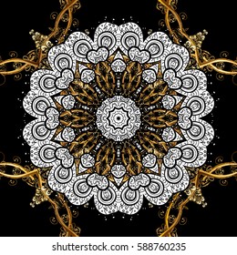 Golden element on black background. Gold Wallpaper on texture background. Gold black floral ornament in baroque style. Damask seamless pattern repeating background.