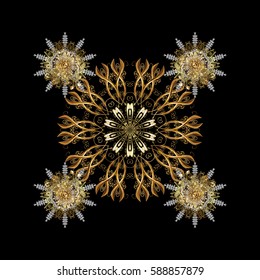 Golden element on black background. Gold Wallpaper on texture background. Gold black floral ornament in baroque style. Damask repeating background.