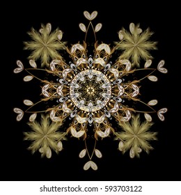Golden element on black background. Antique golden repeatable wallpaper. Damask repeating background. Gold floral ornament in baroque style.