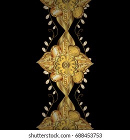 Golden element on black background. Gold floral ornament in baroque style. Damask seamless repeating background. Gold Wallpaper on texture background.
