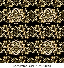 Golden element on a black, beige and brown colors. Damask background. Gold floral ornament in baroque style. Golden floral seamless pattern.