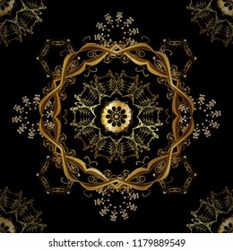 Golden element on black, brown and yellow colors. Luxury, royal and Victorian concept. Vintage baroque floral seamless pattern in gold over black, brown and yellow. Ornate vector decoration.