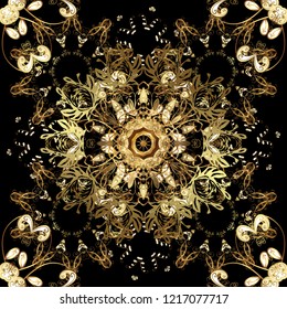 Golden element on black, brown and beige colors. Damask seamless repeating pattern. Antique golden repeatable wallpaper. Gold floral ornament in baroque style.