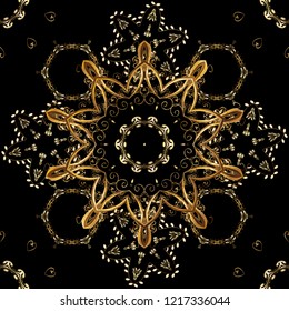 Golden element on black, brown and beige colors. Antique golden repeatable wallpaper. Gold floral ornament in baroque style. Damask seamless repeating pattern.