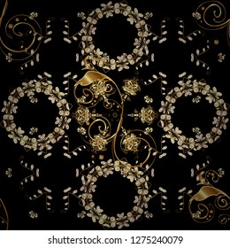 Golden element on black and brown colors. Damask seamless pattern repeating background. Antique golden repeatable wallpaper. Golden floral ornament in baroque style.