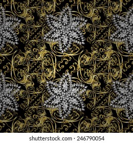 Golden element on black colors. Gold black floral ornament in baroque style. Damask seamless pattern repeating background. Antique golden repeatable wallpaper.