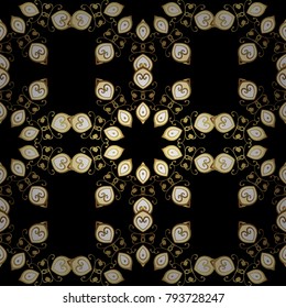 Golden element on black colors. Golden floral wallpaper. Damask background. Seamless pattern. Gold black floral ornament in baroque style.