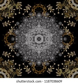 Golden element on a black, gray and brown colors. Damask background. Golden floral seamless pattern. Gold floral ornament in baroque style.