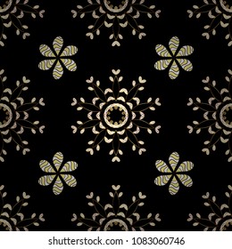 Golden element on black, white and yellow colors. Luxury, royal and Victorian concept. Ornate vector decoration. Vintage baroque floral seamless pattern in gold over black, white and yellow.