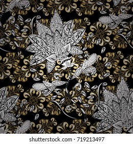 Golden element on black, white and beige colors. Gold black, white and beige floral ornament in baroque style. Golden floral wallpaper. Seamless pattern. Damask background.