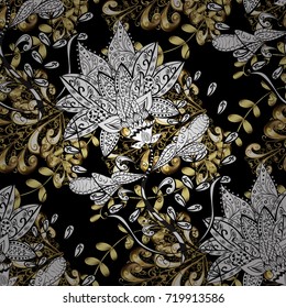 Golden element on black, white and gray colors. Vector line art seamless border for design template. Golden outline floral decor. Vector sketch for invitations, web page. Eastern style element.