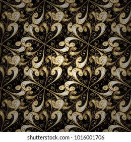 Golden element on a black and yellow colors. Gold floral ornament in baroque style. Damask background. Golden floral seamless pattern.