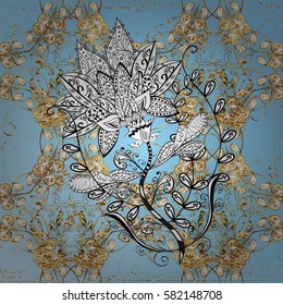 Golden element on blue background. Antique golden repeatable wallpaper. Gold blue floral ornament in baroque style. Damask repeating background.